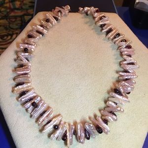 Biwa Freshwater Pearl and Garnet Necklace